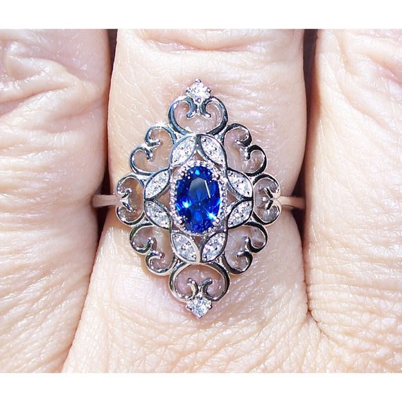 925 STERLING SILVER Simulated Blue Sapphire Cubic Zirconia Filigree Ring - Picture 3 of 16